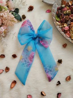 Label Kanupriya - Sky Blue Pink Floral Organza Long Bow Hair Clip