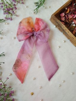 Label Kanupriya - Onion Pink Floral Organza Long Bow Hair Clip