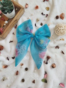 Label Kanupriya - Sky Blue Pink Floral Printed Organza Short Bow Hair Clip