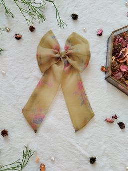 Label Kanupriya - Cream Floral Organza Long Bow Hair Clip