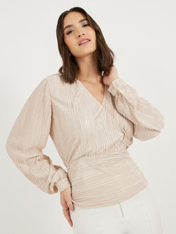 Styli - Women Gold Pleated Wrap Front Top with Fitted Waistband