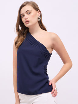 Styli - Women Solid Off Shoulder Longline Top Navy Blue
