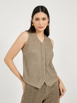 Styli - Women Solid Fitted Top with Center Front Closure Brown