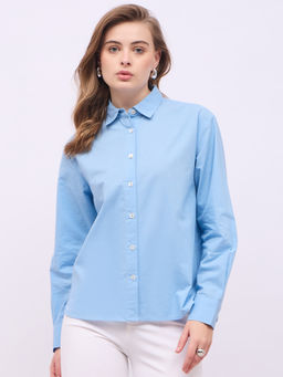 Styli - Women Blue Solid Oversized Fit Longline Oxford Shirt
