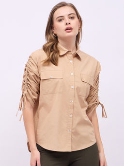Styli - Women Solid Oversized Fit Longline Shirt with Drawstring Sleeve Taupe