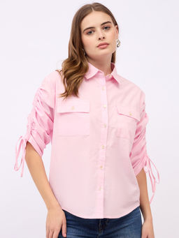 Styli - Women Solid Oversized Fit Longline Shirt with Drawstring Sleeve Pink
