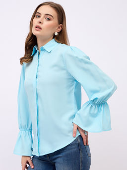 Styli - Women Blue Solid Regular Length Shirt with Hidden Placket