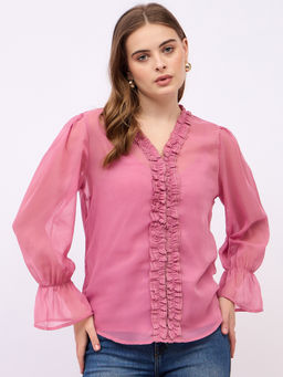 Styli - Women Solid V-Neck Ruffles Regular Fit Top with Inner - Pink (Set of 2)