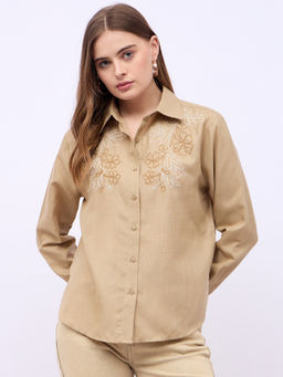 Styli - Women Embroidered Oversized Fit Longline Shirt Beige