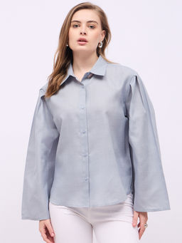 Styli - Women Blue Solid Oversized Fit Longline Shirt Flared Cuff Detail