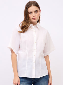 Styli - Women Solid Regular Fit Shirt with Pearl Buttons Off White