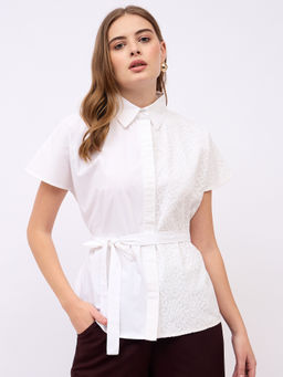 Styli - Women Regular Fit Shirt Self Design Lace Detail White & Belt (Set of 2)