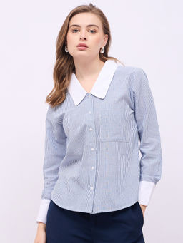 Styli - Women Blue Striped Regular Fit Shirt with Peterpan Collar