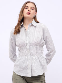 Styli - Women Striped Regular Fit Shirt with Smocking Detail White