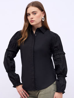 Styli - Women Solid Regular Fit Shirt with Hidden Placket & Smocking Detail Black