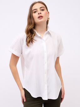 Styli - Women Textured Relaxed Fit Drop Shoulder Shirt White