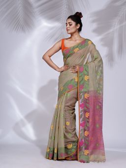 CHARUKRITI - Beige Tissue Handwoven Soft Saree with Nakshi Border with Unstitched Blouse