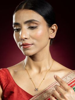 Niscka - Gold Plated Mangalsutra with Black Beads and White AD Pendant