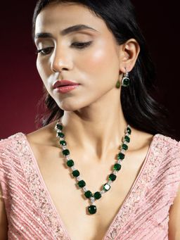 Niscka - Silver Rhodium Plated Green and White American Diamond Necklace Set with Earrings