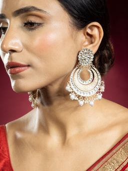 Niscka - Kundan and Pearl White Gold Plated Chand Bali Earrings