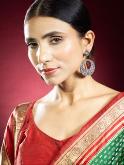 Niscka - Black Rhodium-Plated Ruby and Multicolour CZ Stones Oval Earrings