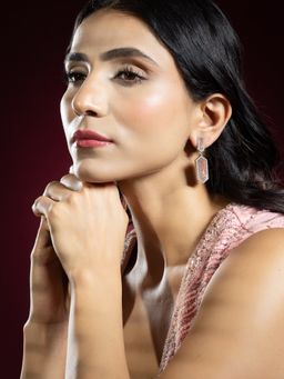 Niscka - Silver Rhodium-Plated Brown and White American Diamond Hexagon Earrings