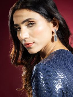 Niscka - Silver Rhodium-Plated Black and White American Diamond Hexagon Earrings