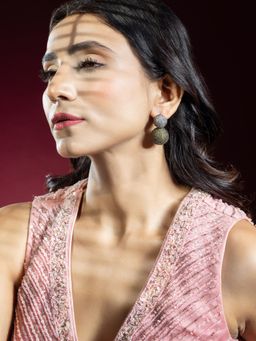 Niscka - Black Rhodium Polish Sheen Green and White Diamond Round Earrings