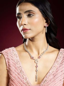 Niscka - Silver Rhodium Plated Pink and White American Diamond Necklace Set with Earrings