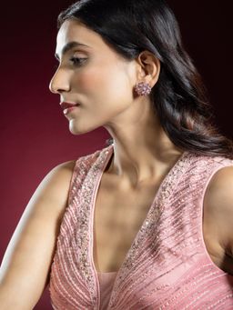 Niscka - Silver Rhodium Plated Red CZ Floral Stud Earrings