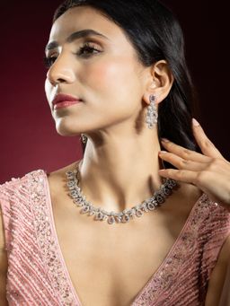 Niscka - Silver Rhodium Plated Purple and White AD Necklace Set with Earrings