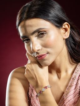 Niscka - Red and White American Diamond Floral Adjustable Bracelet