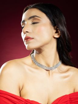 Niscka - Silver Rhodium Plated White Zircon Choker Necklace