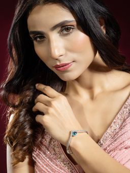 Niscka - Aqua Blue American Diamond Silver V Shaped Bracelet