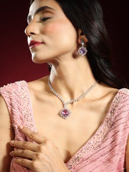 Niscka - Rhodium Plated White and Purple American Diamond Necklace Set with Earrings