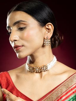 Niscka - 18k Gold Plated Pearl and Kundan Floral Choker Necklace Set