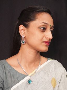 Niscka - Rhodium Plated White and Sea Blue American Diamond Necklace Set with Earrings