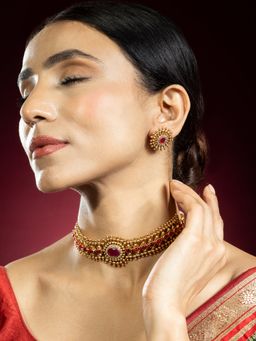 Niscka - 24K Gold-Plated Antique Ruby Necklace Set with Earrings