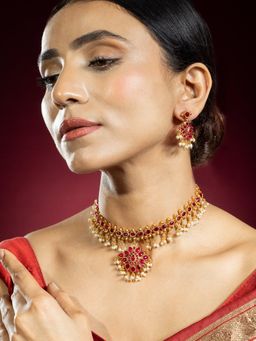 Niscka - 24K Gold-Plated Ruby & Pearl Necklace Set with Earrings