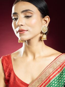 Niscka - Ethnic Gold Plated Pearl and Kundan Peach Jhumka Earrings