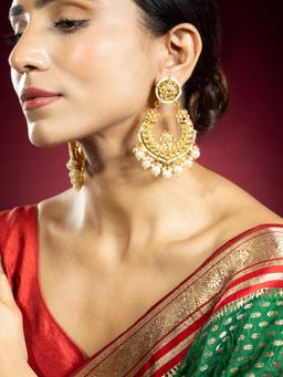 Niscka - Big Gold Plated Pearl and Kundan Chandbali Earrings