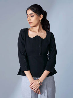 Jaey - Women Black Stylized Neckline Peplum Top