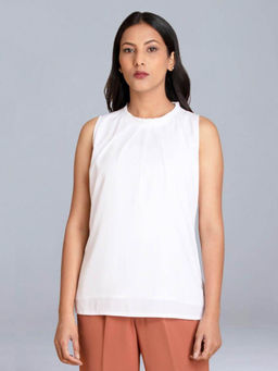 Jaey - Women White Pleated Neck Sleeveless Top