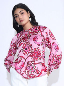 Jaey - Women Pink Satin Printed Balloon Sleeves Top