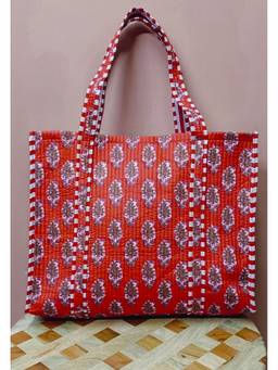 House of Gulab - Red Handblock Printed Quilted Tote Bag