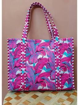 House of Gulab - Pink Handblock Printed Quilted Tote Bag