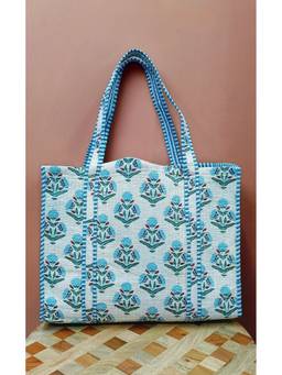 House of Gulab - White Handblock Printed Quilted Tote Bag