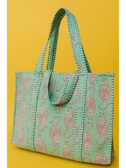 House of Gulab - Green Handblock Printed Quilted Tote Bag