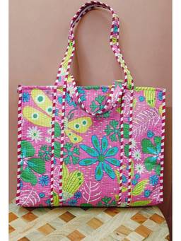 House of Gulab - Pink Handblock Printed Quilted Tote Bag