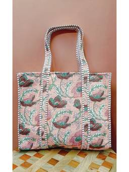House of Gulab - Pink Handblock Printed Quilted Tote Bag